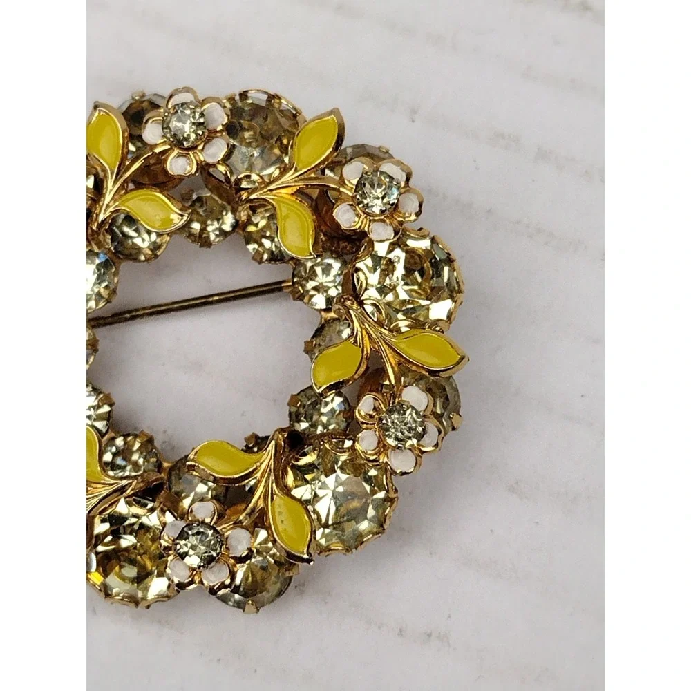 Vintage Floral Yellow and Green Open Back Rhinestone Daisy Flower Brooch 1960s